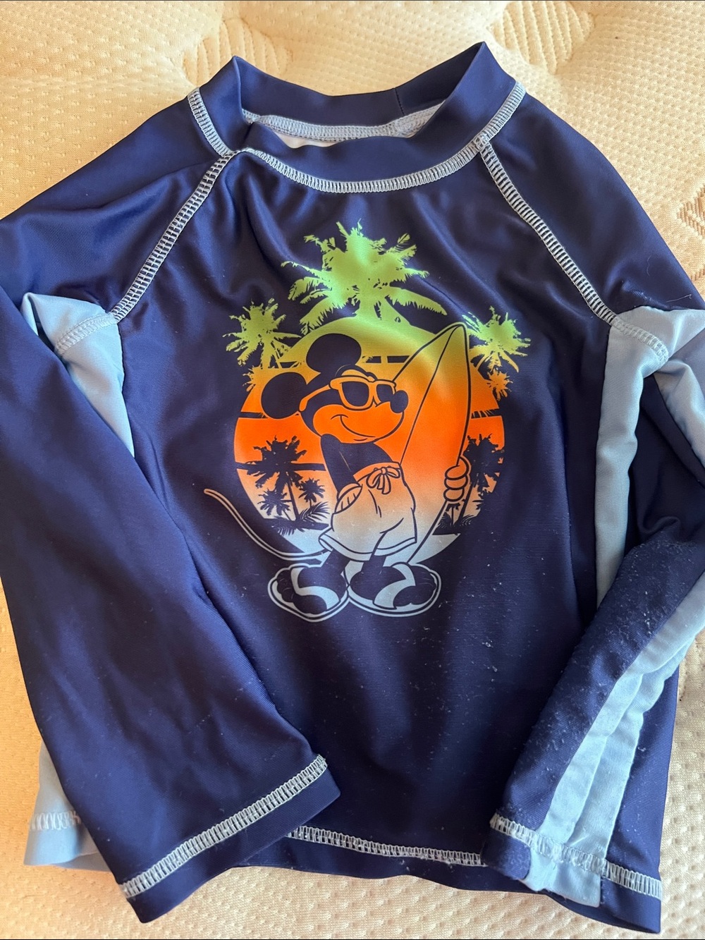 Kids Navy Blue Graphic Rash Guard Swim Shirt - Surf Mickey